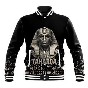 Taharqa Baseball Jacket with Black Pharaoh Portrait, 25th Dynasty of Egypt Text and Nubian-Inspired - African Pride