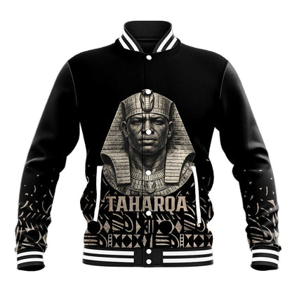 Taharqa Baseball Jacket with Black Pharaoh Portrait, 25th Dynasty of Egypt Text and Nubian-Inspired - African Pride