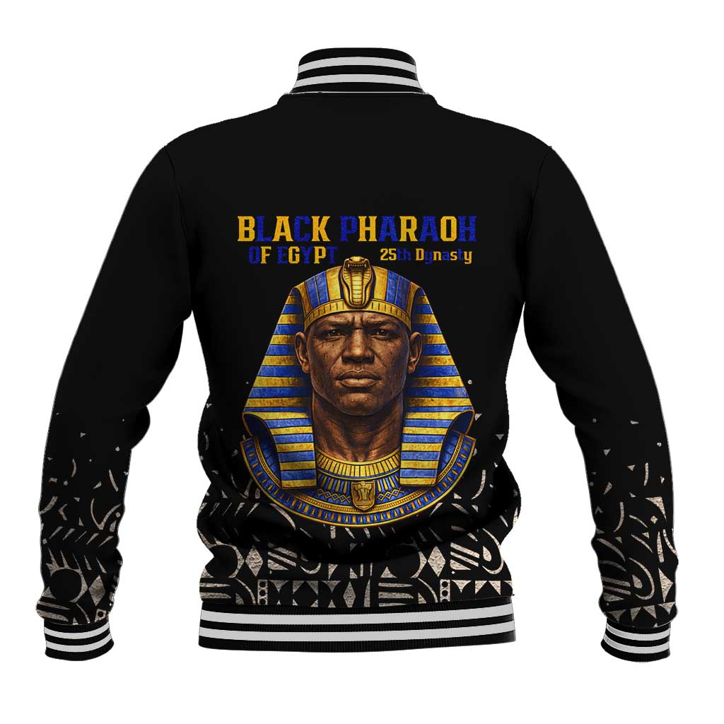 Taharqa Baseball Jacket with Black Pharaoh Portrait, 25th Dynasty of Egypt Text and Nubian-Inspired - African Pride