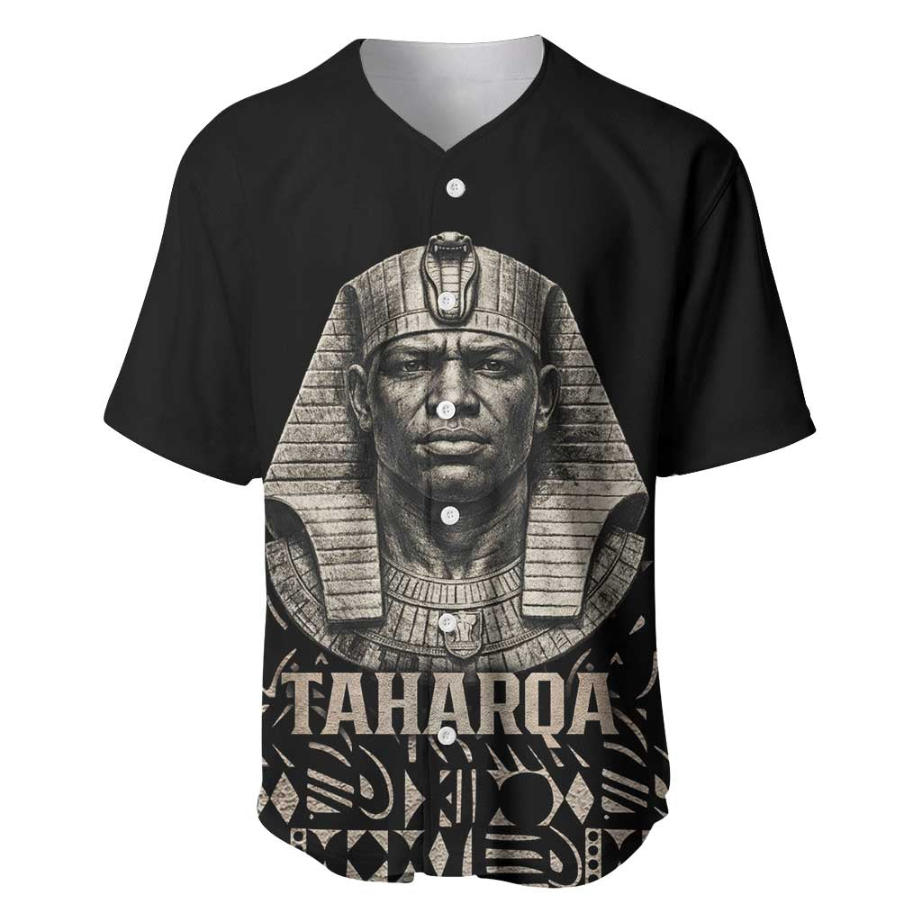 Taharqa Baseball Jersey with Black Pharaoh Portrait, 25th Dynasty of Egypt Text and Nubian-Inspired - African Pride