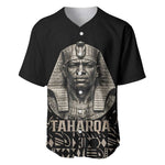 Taharqa Baseball Jersey with Black Pharaoh Portrait, 25th Dynasty of Egypt Text and Nubian-Inspired - African Pride