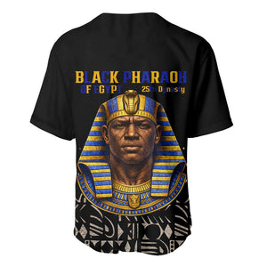 Taharqa Baseball Jersey with Black Pharaoh Portrait, 25th Dynasty of Egypt Text and Nubian-Inspired - African Pride