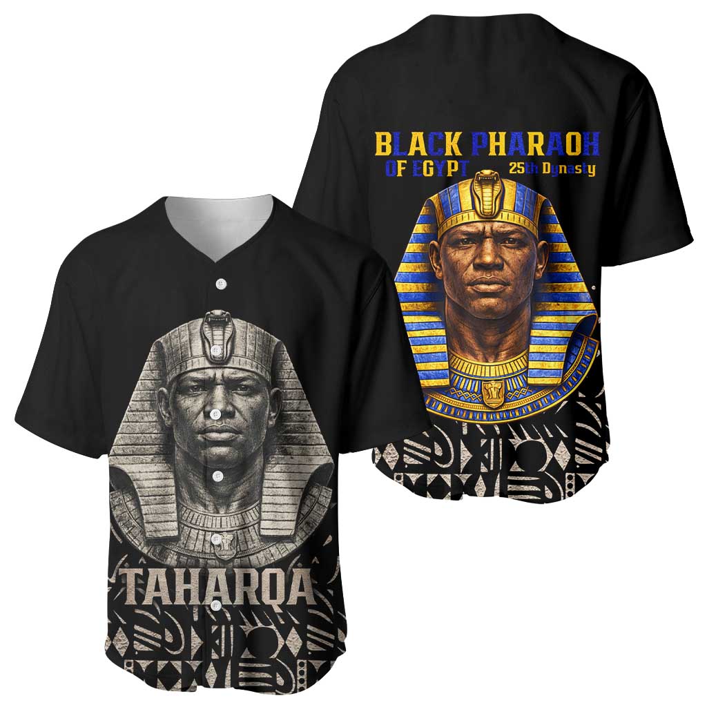 Taharqa Baseball Jersey with Black Pharaoh Portrait, 25th Dynasty of Egypt Text and Nubian-Inspired - African Pride