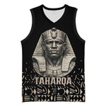 Taharqa Basketball Jersey with Black Pharaoh Portrait, 25th Dynasty of Egypt Text and Nubian-Inspired - African Pride
