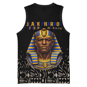 Taharqa Basketball Jersey with Black Pharaoh Portrait, 25th Dynasty of Egypt Text and Nubian-Inspired - African Pride