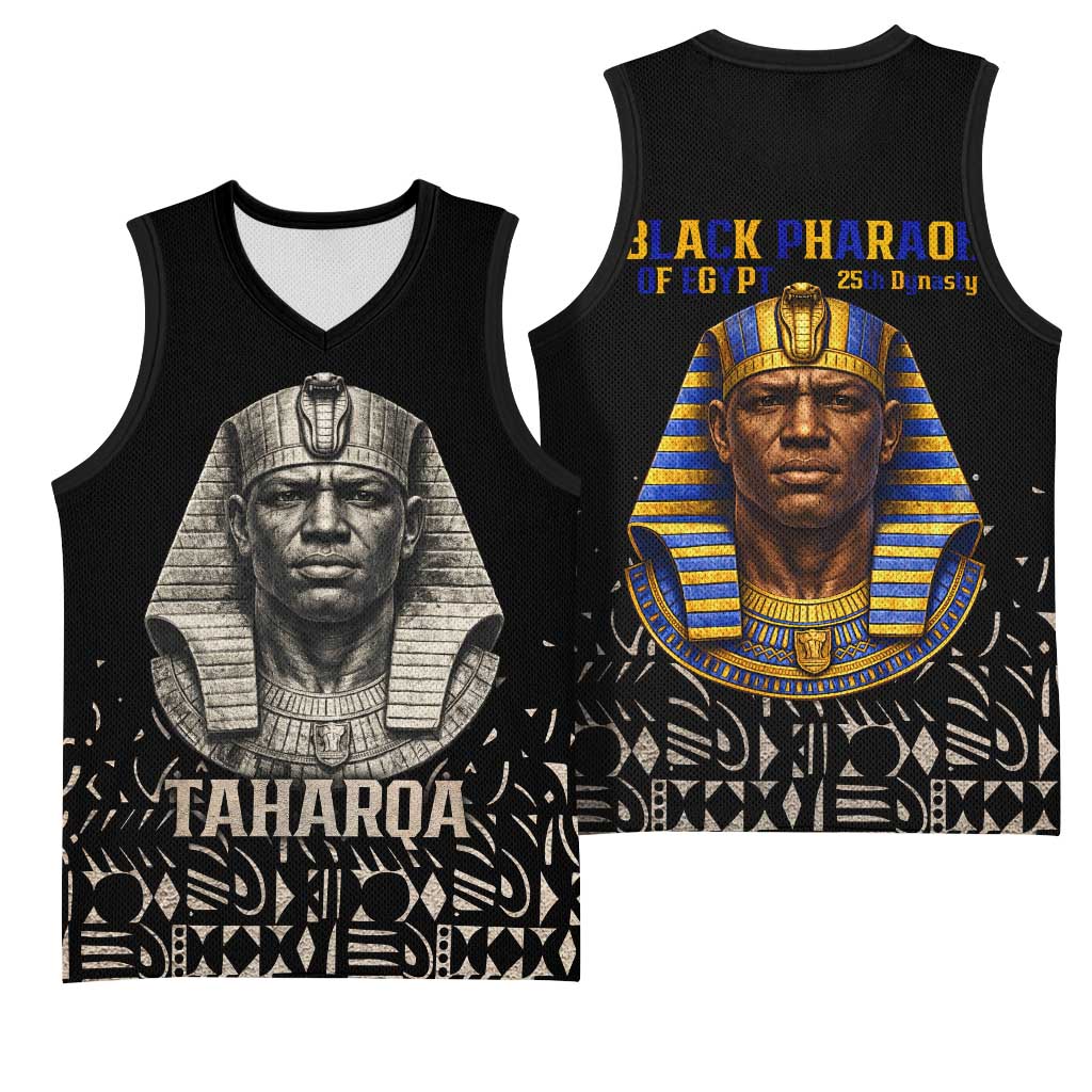 Taharqa Basketball Jersey with Black Pharaoh Portrait, 25th Dynasty of Egypt Text and Nubian-Inspired - African Pride