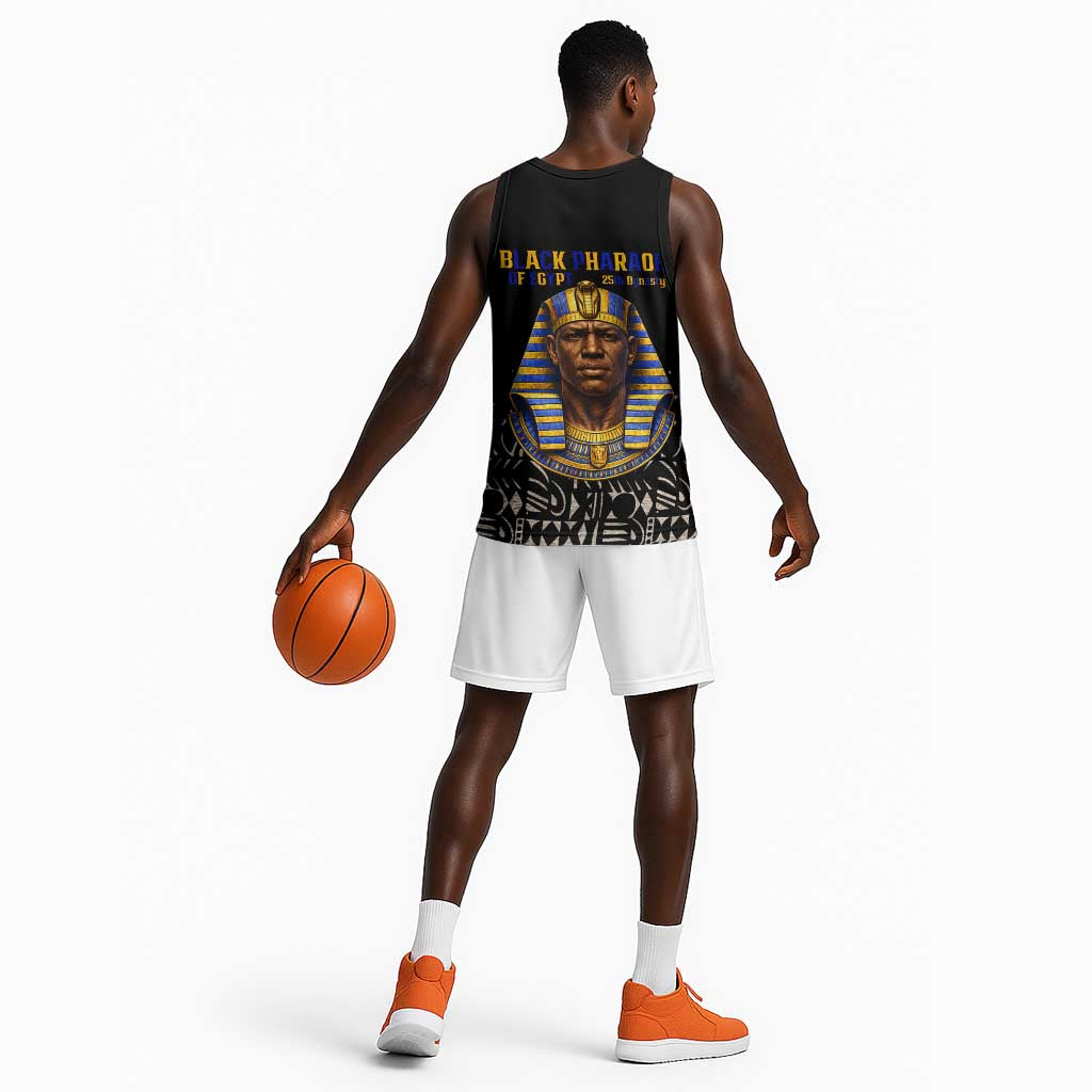 Taharqa Basketball Jersey with Black Pharaoh Portrait, 25th Dynasty of Egypt Text and Nubian-Inspired - African Pride