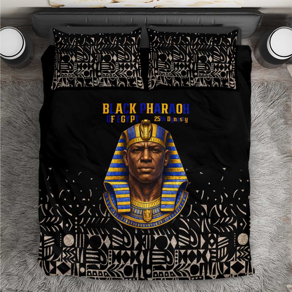 Taharqa Bedding Set with Black Pharaoh Portrait, 25th Dynasty of Egypt Text and Nubian-Inspired - African Pride