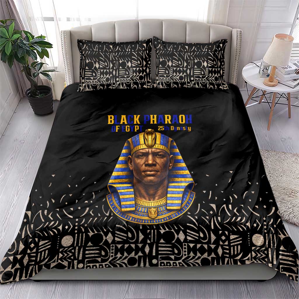 Taharqa Bedding Set with Black Pharaoh Portrait, 25th Dynasty of Egypt Text and Nubian-Inspired - African Pride