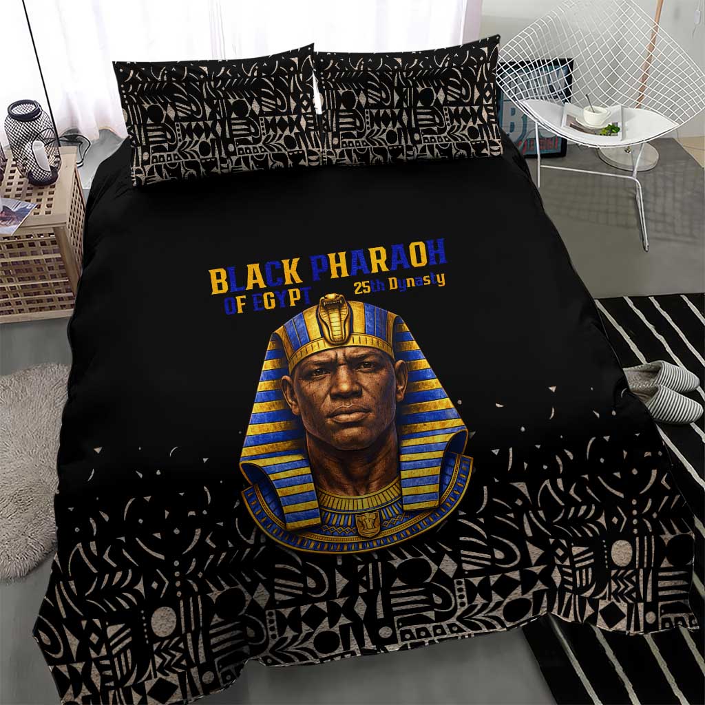 Taharqa Bedding Set with Black Pharaoh Portrait, 25th Dynasty of Egypt Text and Nubian-Inspired - African Pride
