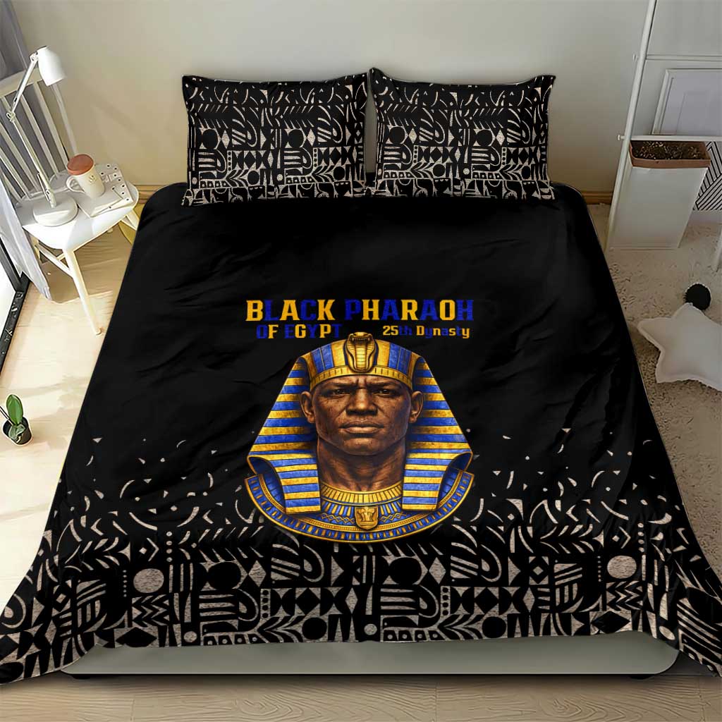 Taharqa Bedding Set with Black Pharaoh Portrait, 25th Dynasty of Egypt Text and Nubian-Inspired - African Pride