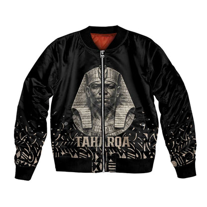 Taharqa Bomber Jacket with Black Pharaoh Portrait, 25th Dynasty of Egypt Text and Nubian-Inspired - African Pride
