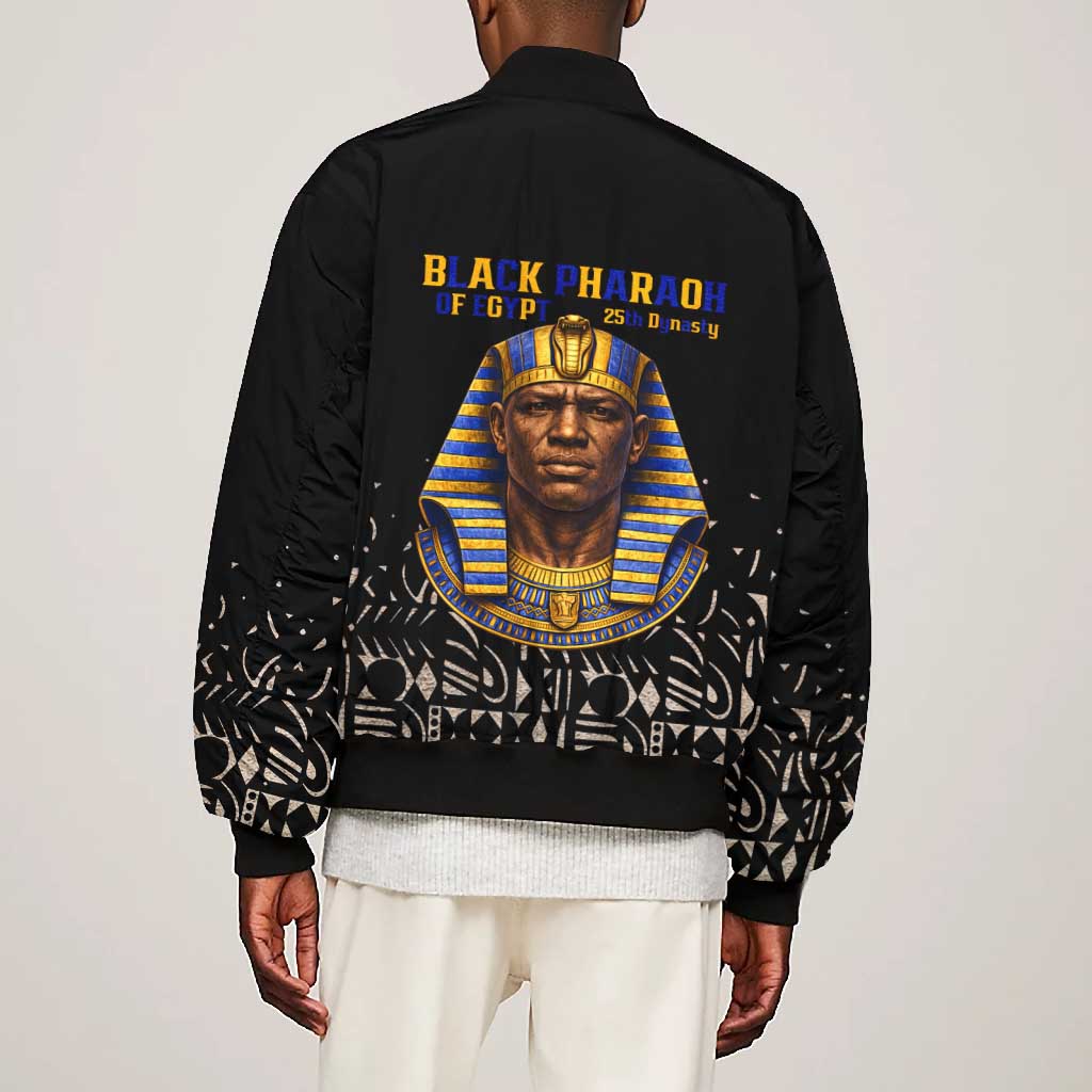 Taharqa Bomber Jacket with Black Pharaoh Portrait, 25th Dynasty of Egypt Text and Nubian-Inspired - African Pride