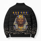 Taharqa Bomber Puffer Jacket with Black Pharaoh Portrait, 25th Dynasty of Egypt Text and Nubian-Inspired - African Pride