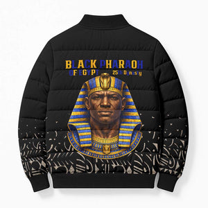 Taharqa Bomber Puffer Jacket with Black Pharaoh Portrait, 25th Dynasty of Egypt Text and Nubian-Inspired - African Pride