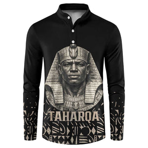 Taharqa Button Sweatshirt with Black Pharaoh Portrait, 25th Dynasty of Egypt Text and Nubian-Inspired