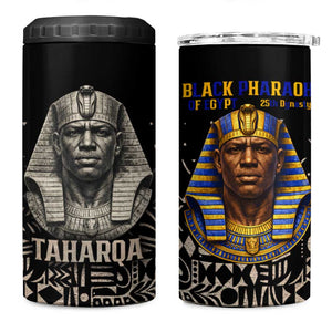 Taharqa 4 in 1 Can Cooler Tumbler with Black Pharaoh Portrait, 25th Dynasty of Egypt Text and Nubian-Inspired - African Pride