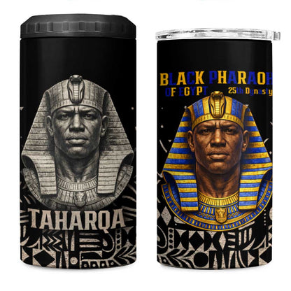 Taharqa 4 in 1 Can Cooler Tumbler with Black Pharaoh Portrait, 25th Dynasty of Egypt Text and Nubian-Inspired - African Pride