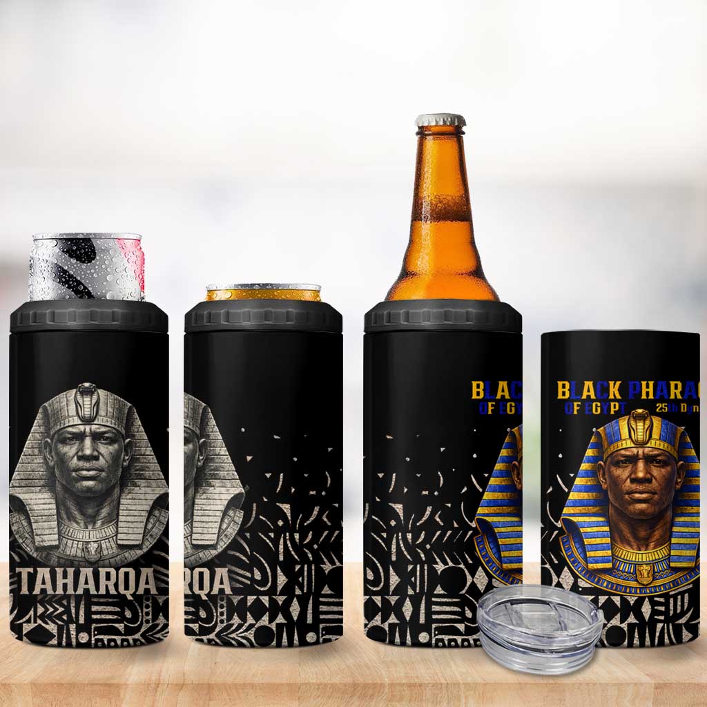 Taharqa 4 in 1 Can Cooler Tumbler with Black Pharaoh Portrait, 25th Dynasty of Egypt Text and Nubian-Inspired - African Pride