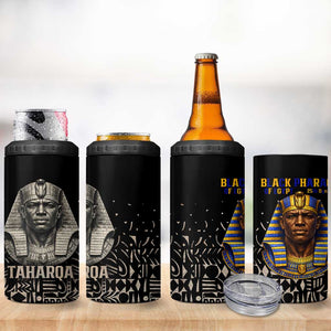 Taharqa 4 in 1 Can Cooler Tumbler with Black Pharaoh Portrait, 25th Dynasty of Egypt Text and Nubian-Inspired - African Pride