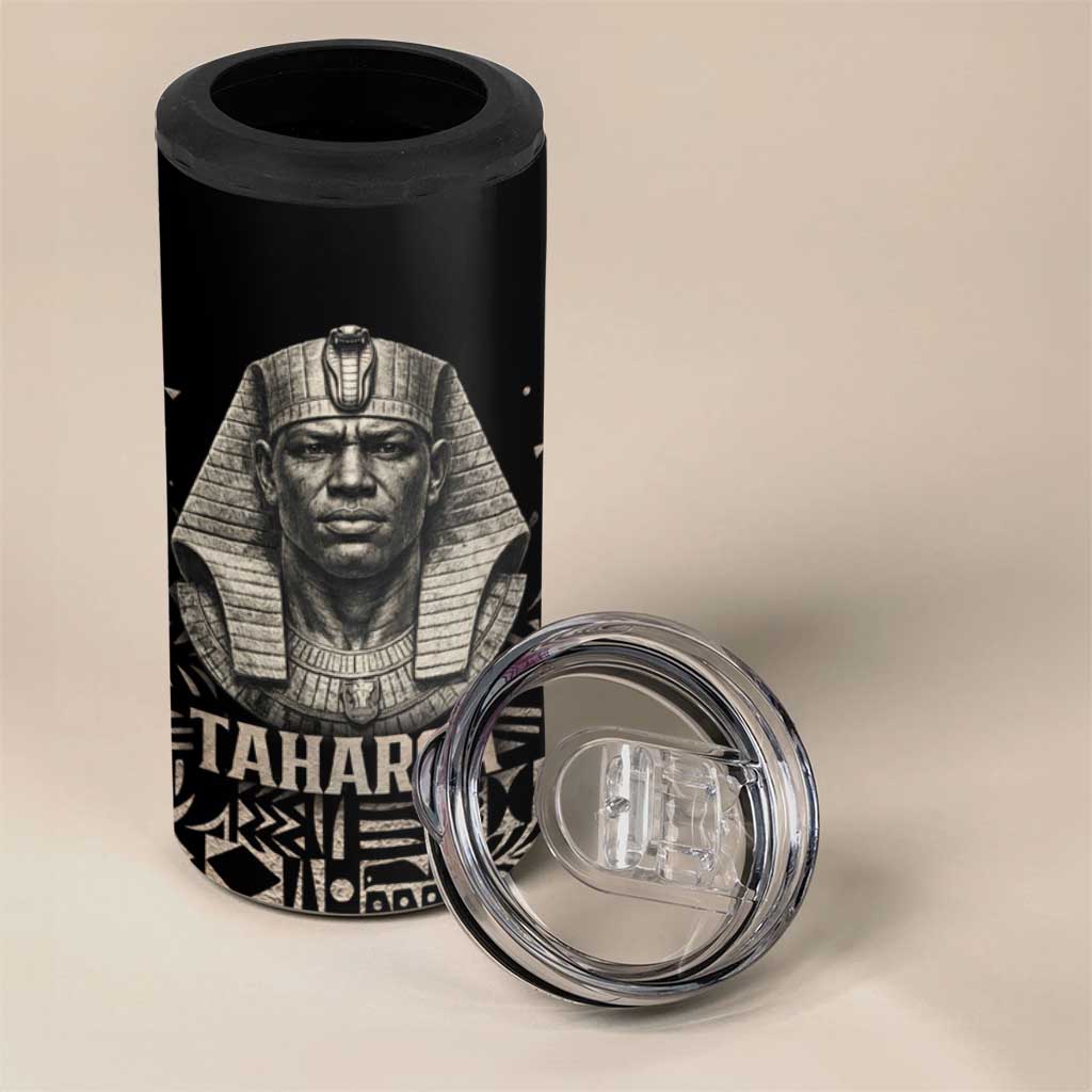 Taharqa 4 in 1 Can Cooler Tumbler with Black Pharaoh Portrait, 25th Dynasty of Egypt Text and Nubian-Inspired - African Pride