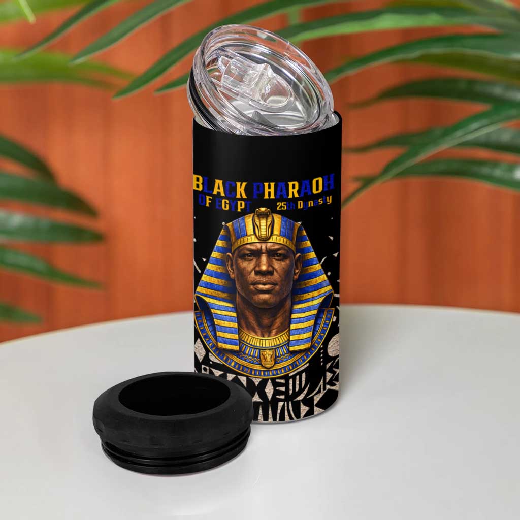 Taharqa 4 in 1 Can Cooler Tumbler with Black Pharaoh Portrait, 25th Dynasty of Egypt Text and Nubian-Inspired - African Pride