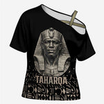 Taharqa Cross Shoulder Shirt with Black Pharaoh Portrait, 25th Dynasty of Egypt Text and Nubian-Inspired - African Pride