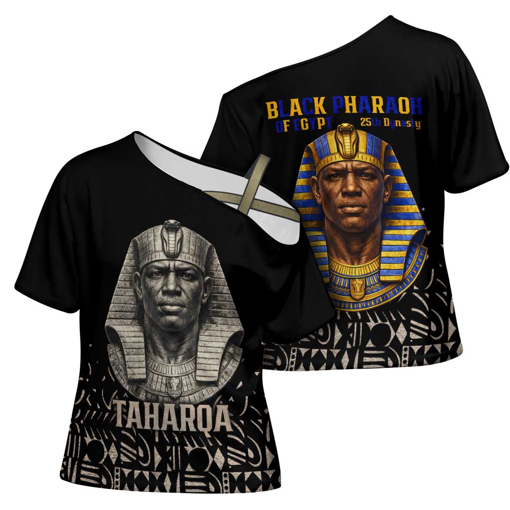 Taharqa Cross Shoulder Shirt with Black Pharaoh Portrait, 25th Dynasty of Egypt Text and Nubian-Inspired - African Pride