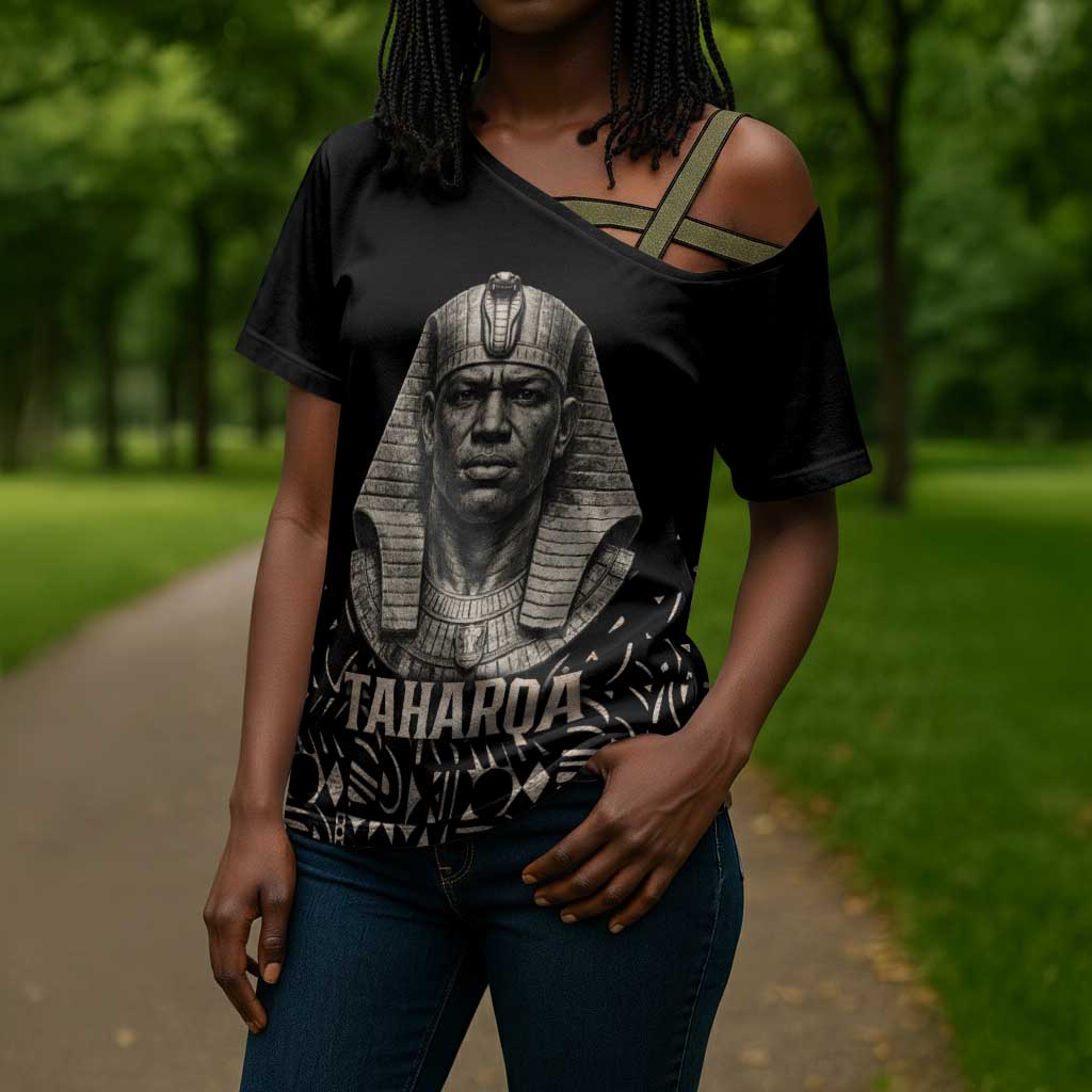 Taharqa Cross Shoulder Shirt with Black Pharaoh Portrait, 25th Dynasty of Egypt Text and Nubian-Inspired - African Pride