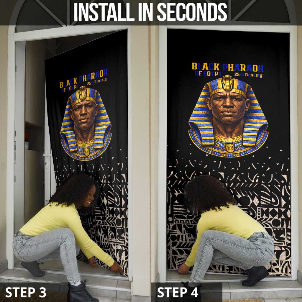 Taharqa Door Cover with Black Pharaoh Portrait, 25th Dynasty of Egypt Text and Nubian-Inspired - African Pride