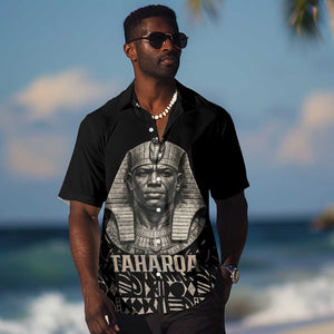 Taharqa Hawaiian Shirt with Black Pharaoh Portrait, 25th Dynasty of Egypt Text and Nubian-Inspired - African Pride
