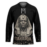 Taharqa Hockey Jersey with Black Pharaoh Portrait, 25th Dynasty of Egypt Text and Nubian-Inspired - African Pride