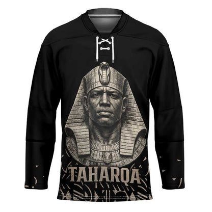 Taharqa Hockey Jersey with Black Pharaoh Portrait, 25th Dynasty of Egypt Text and Nubian-Inspired - African Pride
