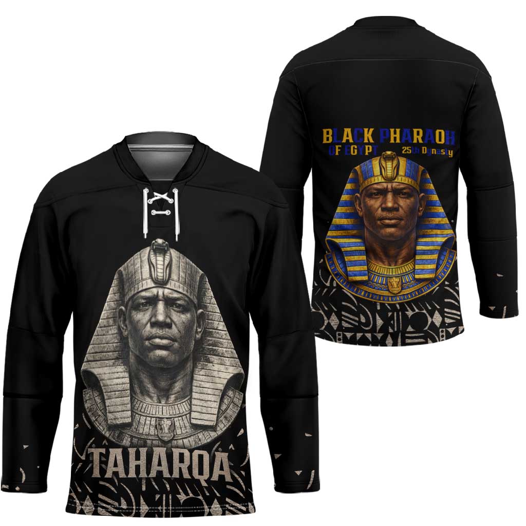 Taharqa Hockey Jersey with Black Pharaoh Portrait, 25th Dynasty of Egypt Text and Nubian-Inspired - African Pride