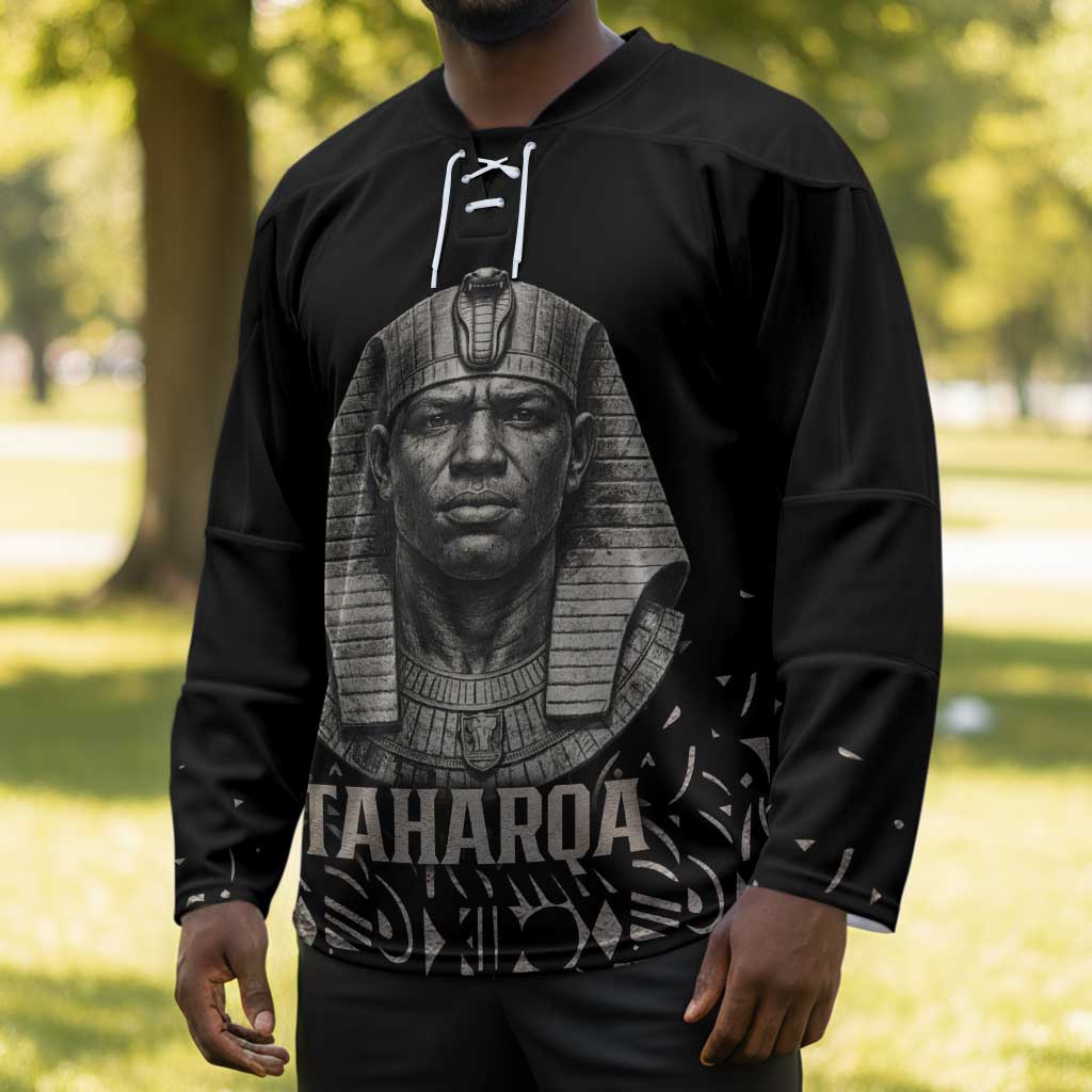 Taharqa Hockey Jersey with Black Pharaoh Portrait, 25th Dynasty of Egypt Text and Nubian-Inspired - African Pride