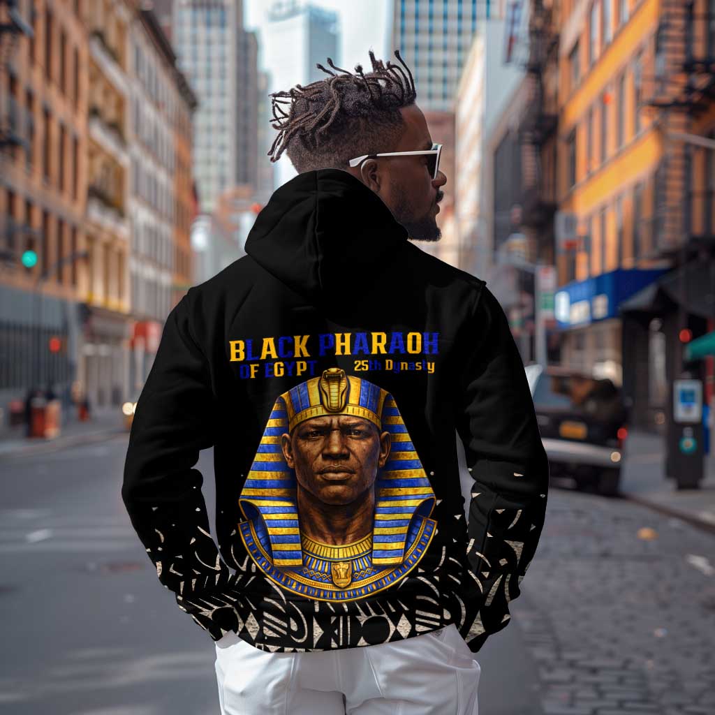 Taharqa Hoodie with Black Pharaoh Portrait, 25th Dynasty of Egypt Text and Nubian-Inspired - African Pride