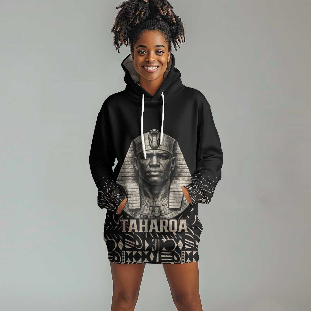 Taharqa Hoodie Dress with Black Pharaoh Portrait, 25th Dynasty of Egypt Text and Nubian-Inspired - African Pride