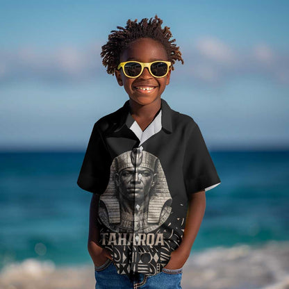 Taharqa Kid Hawaiian Shirt with Black Pharaoh Portrait, 25th Dynasty of Egypt Text and Nubian-Inspired - African Pride