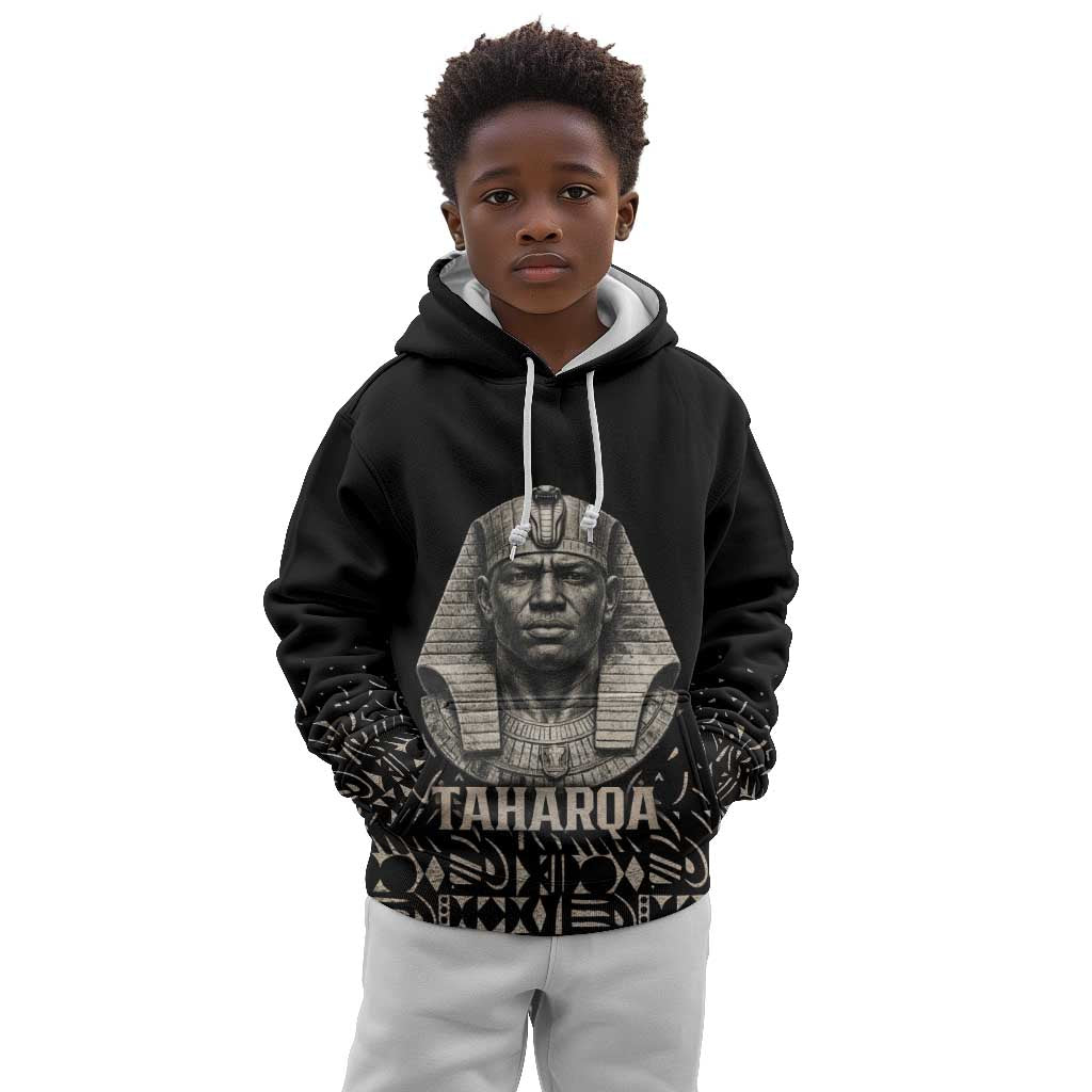Taharqa Kid Hoodie with Black Pharaoh Portrait, 25th Dynasty of Egypt Text and Nubian-Inspired - African Pride