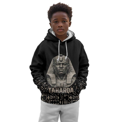 Taharqa Kid Hoodie with Black Pharaoh Portrait, 25th Dynasty of Egypt Text and Nubian-Inspired - African Pride