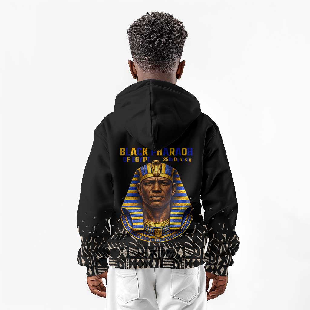 Taharqa Kid Hoodie with Black Pharaoh Portrait, 25th Dynasty of Egypt Text and Nubian-Inspired - African Pride