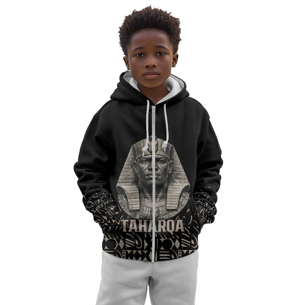 Taharqa Kid Hoodie with Black Pharaoh Portrait, 25th Dynasty of Egypt Text and Nubian-Inspired - African Pride