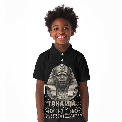 Taharqa Kid Polo Shirt with Black Pharaoh Portrait, 25th Dynasty of Egypt Text and Nubian-Inspired - African Pride