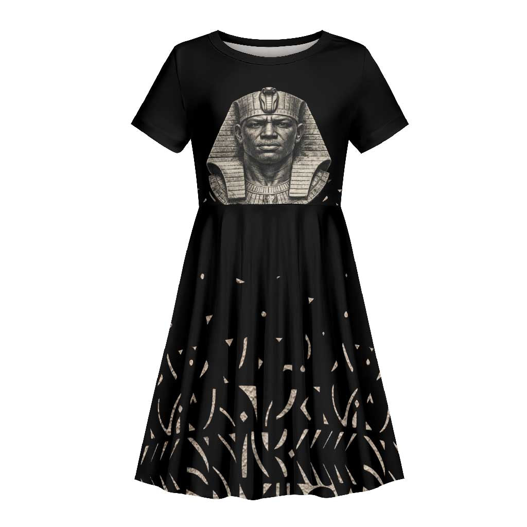 Taharqa Kid Short Sleeve Dress with Black Pharaoh Portrait, 25th Dynasty of Egypt Text and Nubian-Inspired - African Pride
