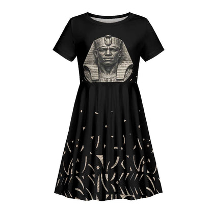Taharqa Kid Short Sleeve Dress with Black Pharaoh Portrait, 25th Dynasty of Egypt Text and Nubian-Inspired - African Pride