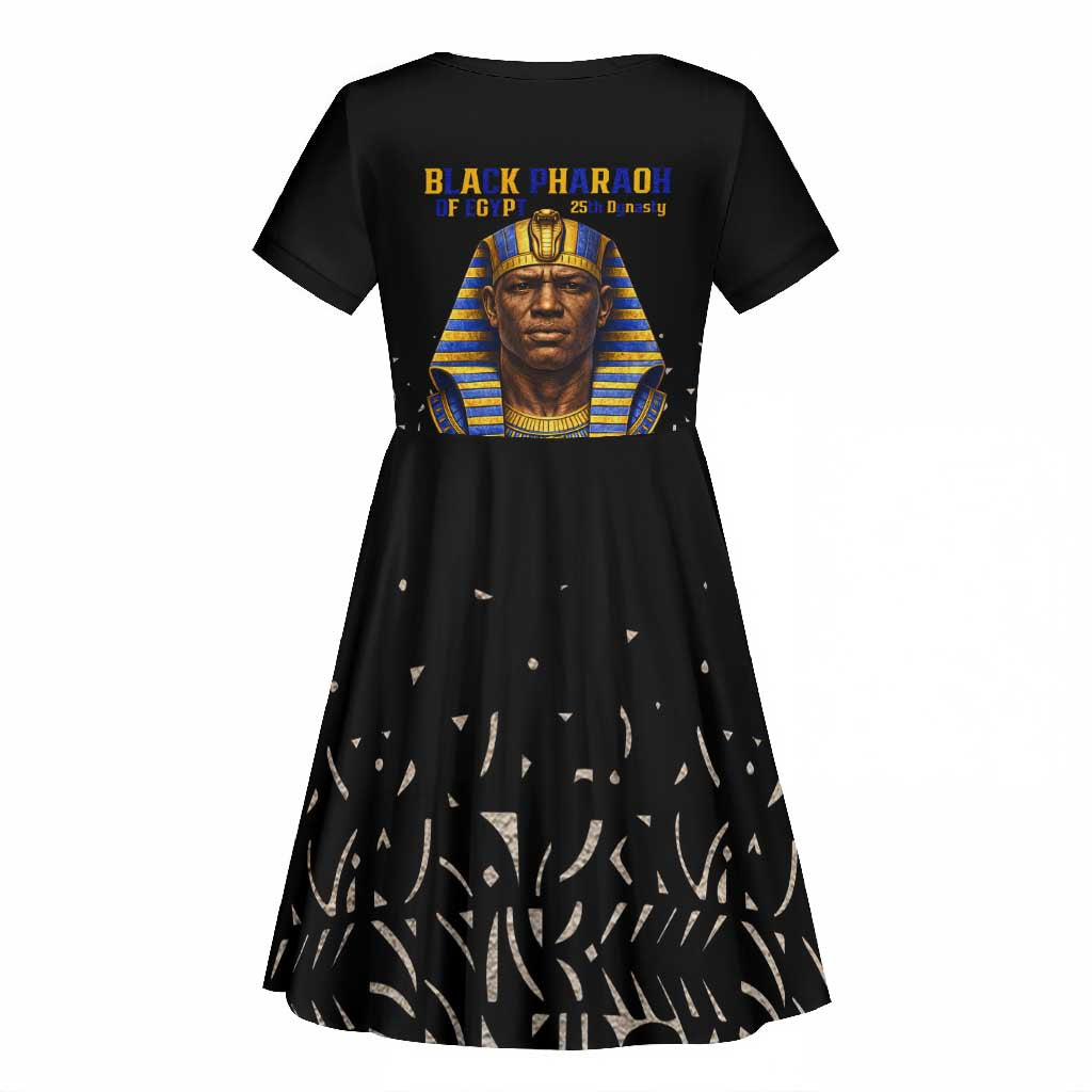 Taharqa Kid Short Sleeve Dress with Black Pharaoh Portrait, 25th Dynasty of Egypt Text and Nubian-Inspired - African Pride