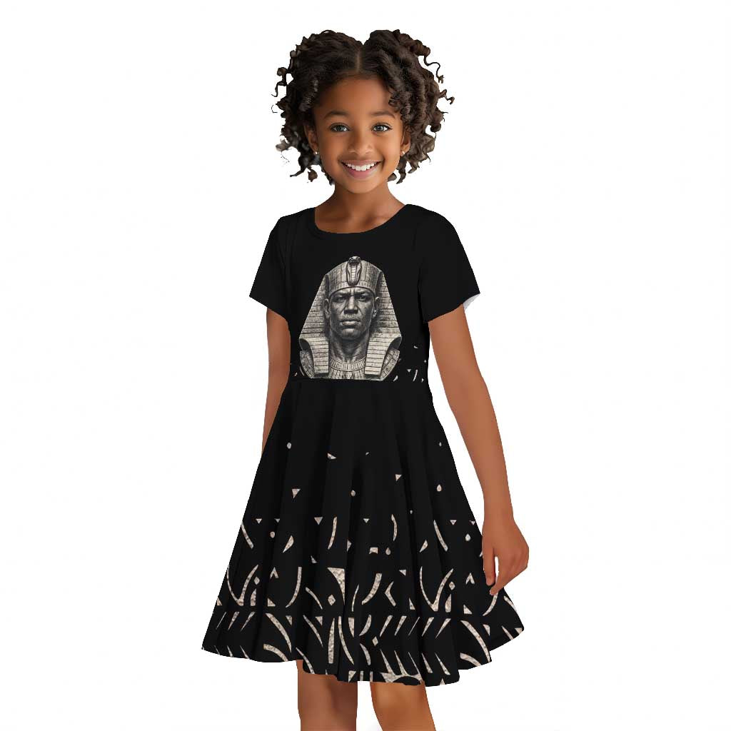 Taharqa Kid Short Sleeve Dress with Black Pharaoh Portrait, 25th Dynasty of Egypt Text and Nubian-Inspired - African Pride