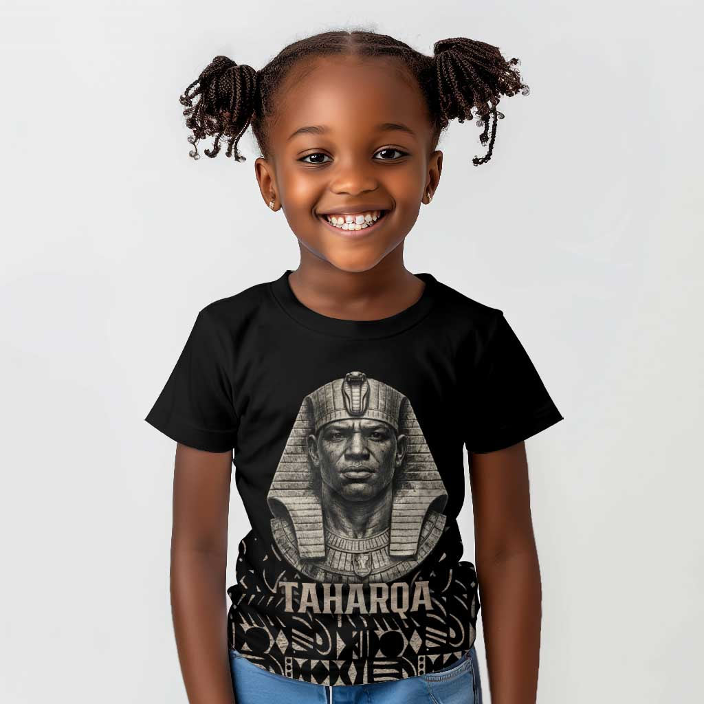 Taharqa Kid T shirt with Black Pharaoh Portrait, 25th Dynasty of Egypt Text and Nubian-Inspired - African Pride