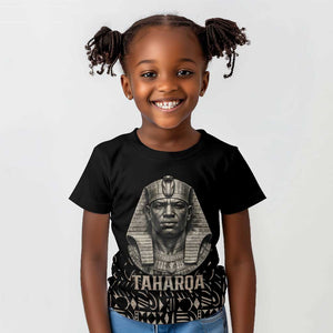 Taharqa Kid T shirt with Black Pharaoh Portrait, 25th Dynasty of Egypt Text and Nubian-Inspired - African Pride