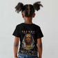 Taharqa Kid T shirt with Black Pharaoh Portrait, 25th Dynasty of Egypt Text and Nubian-Inspired - African Pride